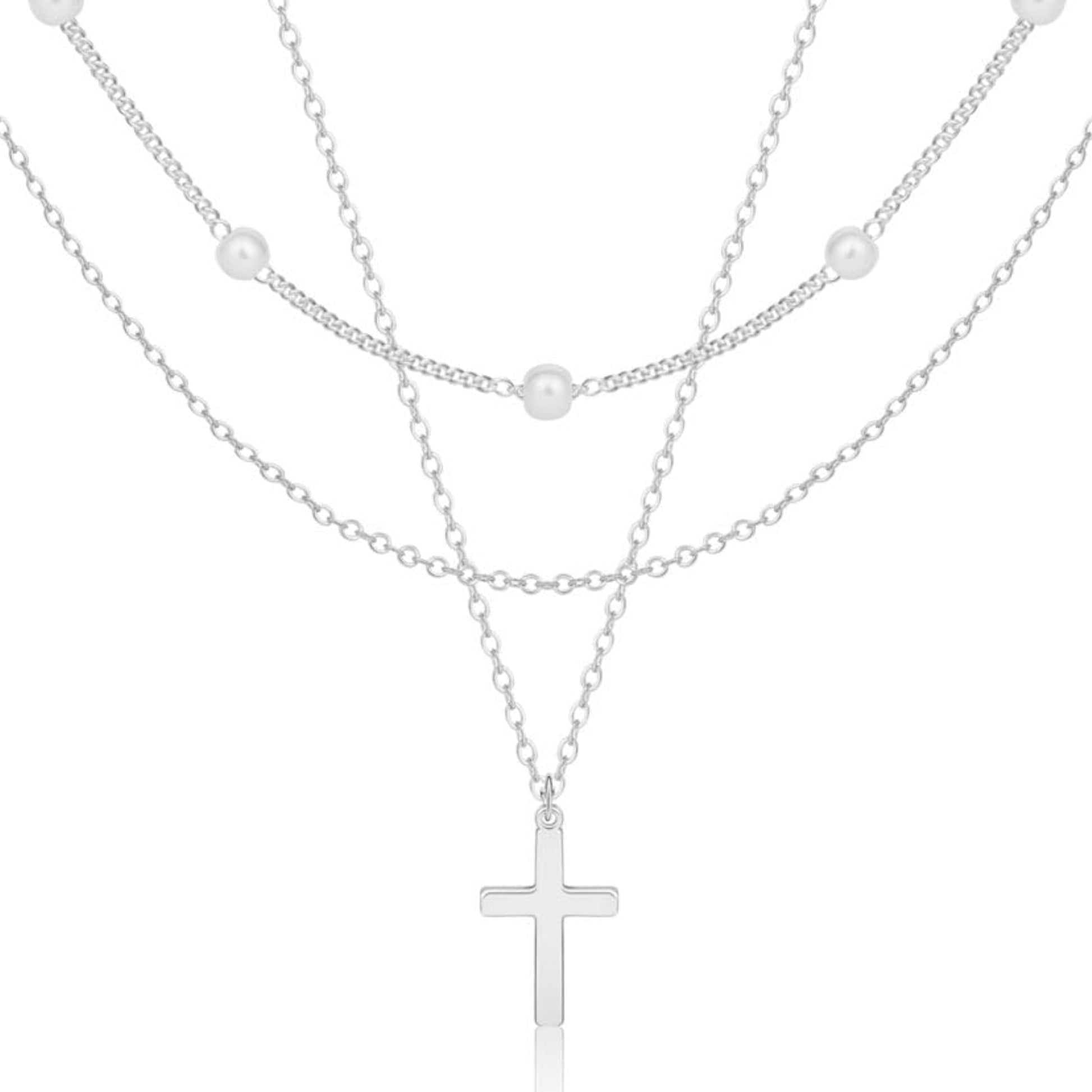 Layered Cross Necklace for Women Dainty Classic Fashionable Pearl Cross Pendant Layered Necklace Weddings Graduations Days Travel Gifts