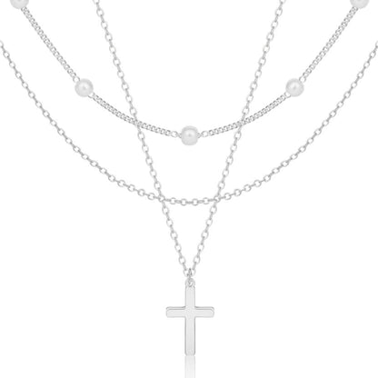 Layered Cross Necklace for Women Dainty Classic Fashionable Pearl Cross Pendant Layered Necklace Weddings Graduations Days Travel Gifts