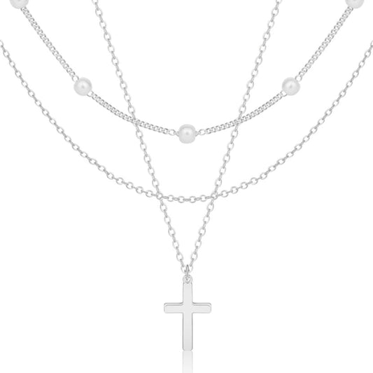 Layered Cross Necklace for Women Dainty Classic Fashionable Pearl Cross Pendant Layered Necklace Weddings Graduations Days Travel Gifts