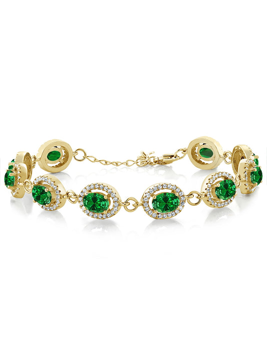 18K Yellow Gold Plated Silver Green Simulated Emerald Tennis Bracelet for Women (15.28 Cttw, Gemstone Birthstone, Oval 7X5MM, 7.5 Inch)