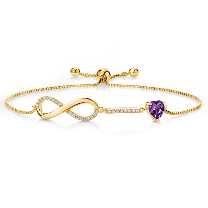 18K Yellow Gold Plated Silver Infinity Bracelet for Women with Heart Amethyst and Moissanite (0.93 Cttw, Box Chain Fully Adjustable up to 9 Inch)