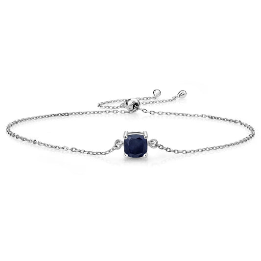 925 Sterling Silver Blue Sapphire Solitaire Bracelet for Women | 1.30 Cttw | Cushion 6MM | Gemstone September Birthstone | Fully Adjustable up to 9 Inch