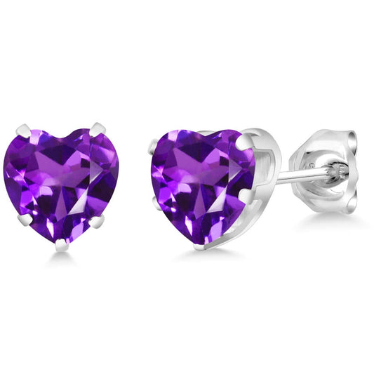 925 Sterling Silver Purple Amethyst Stud Earrings for Women Men (1.48 Cttw, Gemstone Birthstone, Heart Shape 6MM)