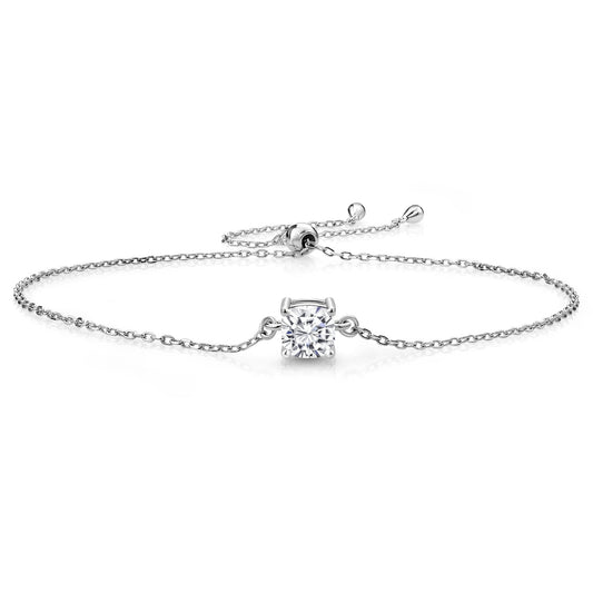 925 Sterling Silver White Moissanite Solitaire Bracelet for Women (1.10 Cttw, Cushion Cut 6MM, Fully Adjustable up to 9 Inch)