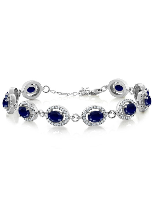 925 Sterling Silver Blue Sapphire Tennis Bracelet for Women | 13.08 Cttw | Gemstone September Birthstone | Oval 7X5MM | 7.5 Inch