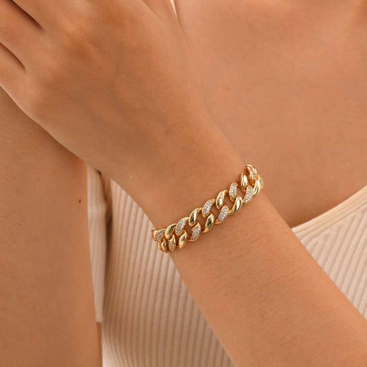 Gold Cuban Chain Bracelets for Women, 14K Gold Plated Link Bracelet with Cubic Zircon, Trendy Womens Link Bracelets Jewelry Gifts