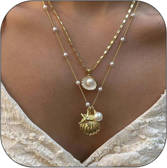 Gold Sea Shell Necklace,Layer Charm Necklace for Women Boho Summer Seashell Beach Starfish Necklace,Surfer Jewelry Gifts Vacation Summer Outfits for Women