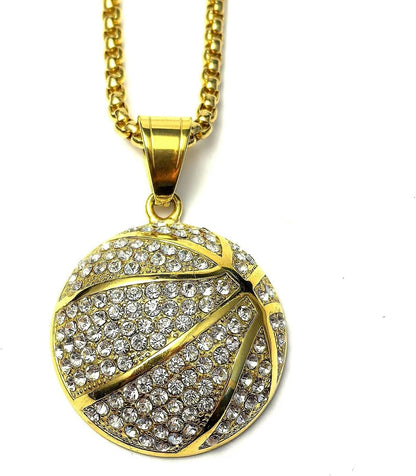 Gold-Tone Iced-Out Basketball Pendant Necklace with Cuban Chain
