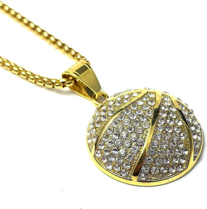 Gold-Tone Iced-Out Basketball Pendant Necklace with Cuban Chain
