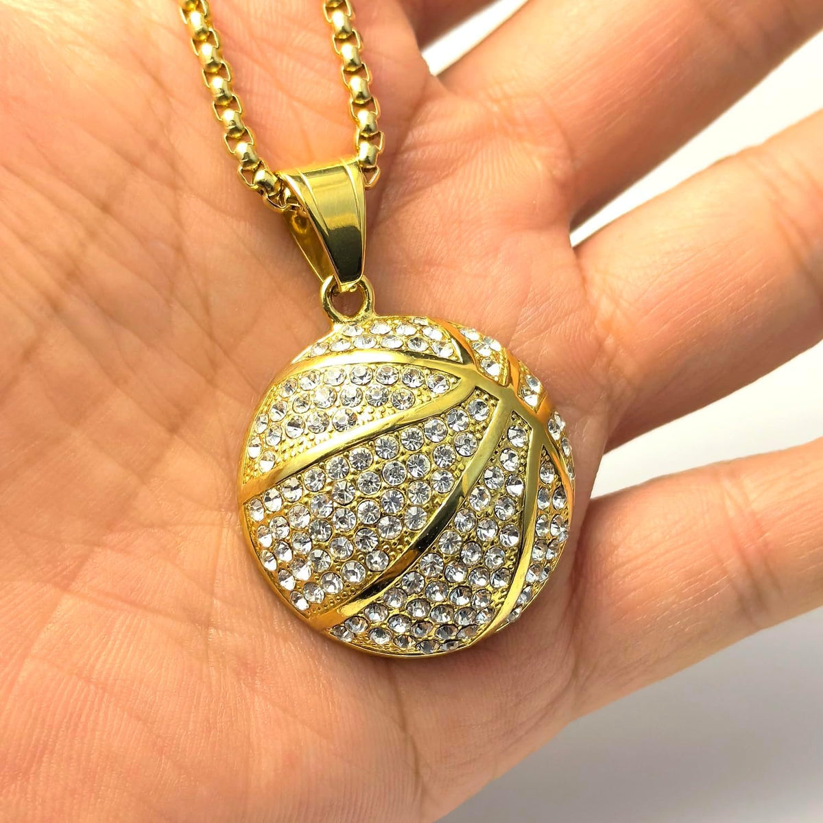 Gold-Tone Iced-Out Basketball Pendant Necklace with Cuban Chain