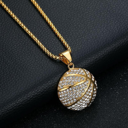 Gold-Tone Iced-Out Basketball Pendant Necklace with Cuban Chain