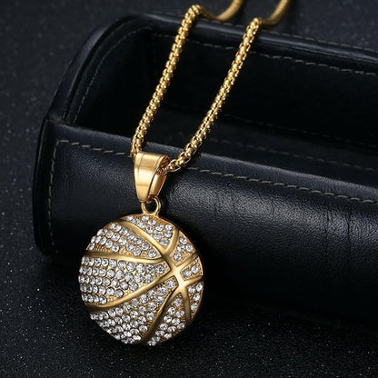 Gold-Tone Iced-Out Basketball Pendant Necklace with Cuban Chain
