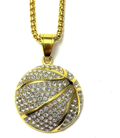 Gold-Tone Iced-Out Basketball Pendant Necklace with Cuban Chain