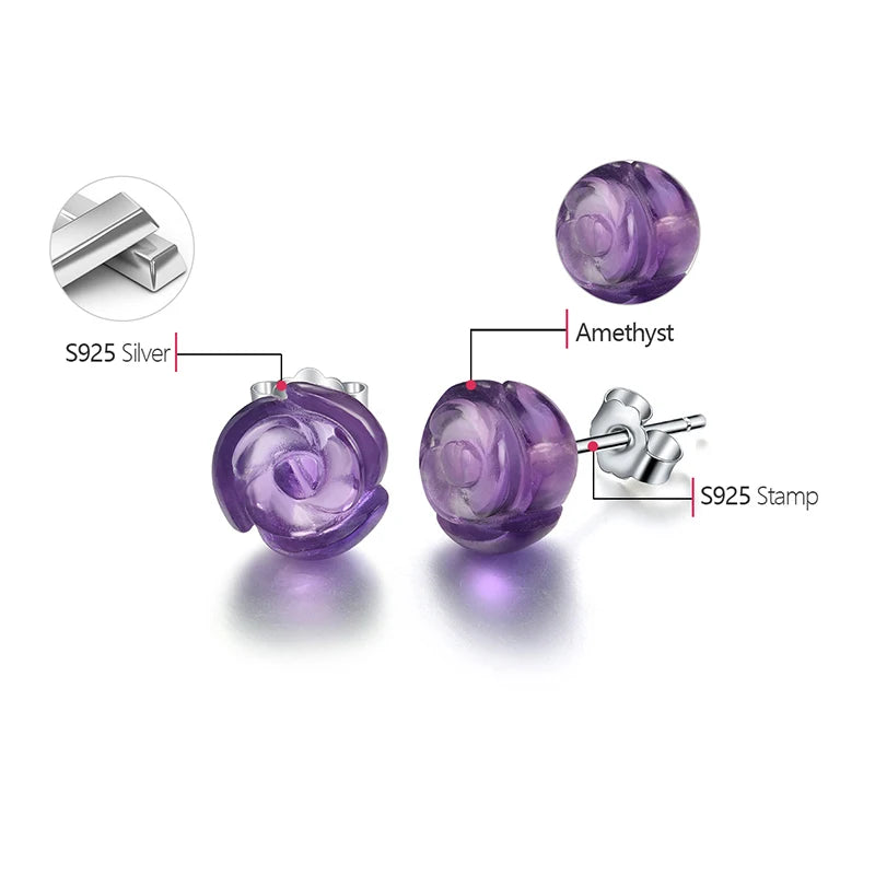 Romantic Natural Quartz Amethyst Rose Flower Stud Earrings Real 925 Sterling Silver Fine Jewelry Earrings for Women