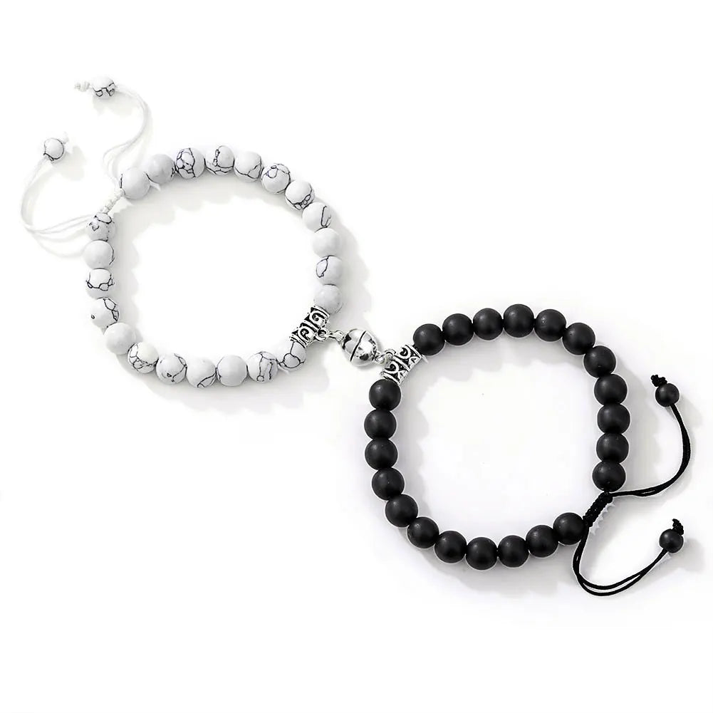 2Pcs/Set Couple Bracelets Natural Stone Beads Heart Shaped Distance Magnet Attraction Bracelet for Lovers Jewelry Gifts 2024 New