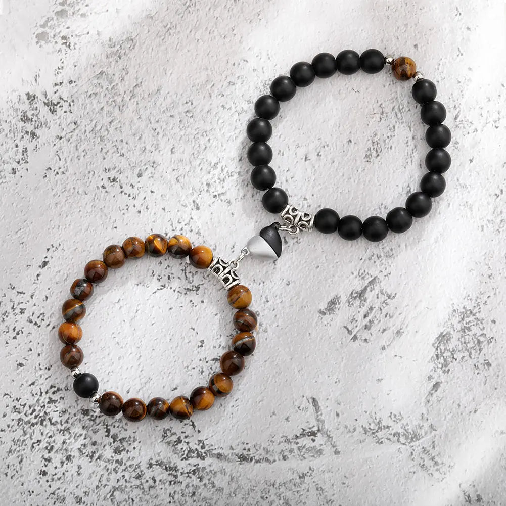 2Pcs/Set Couple Bracelets Natural Stone Beads Heart Shaped Distance Magnet Attraction Bracelet for Lovers Jewelry Gifts 2024 New