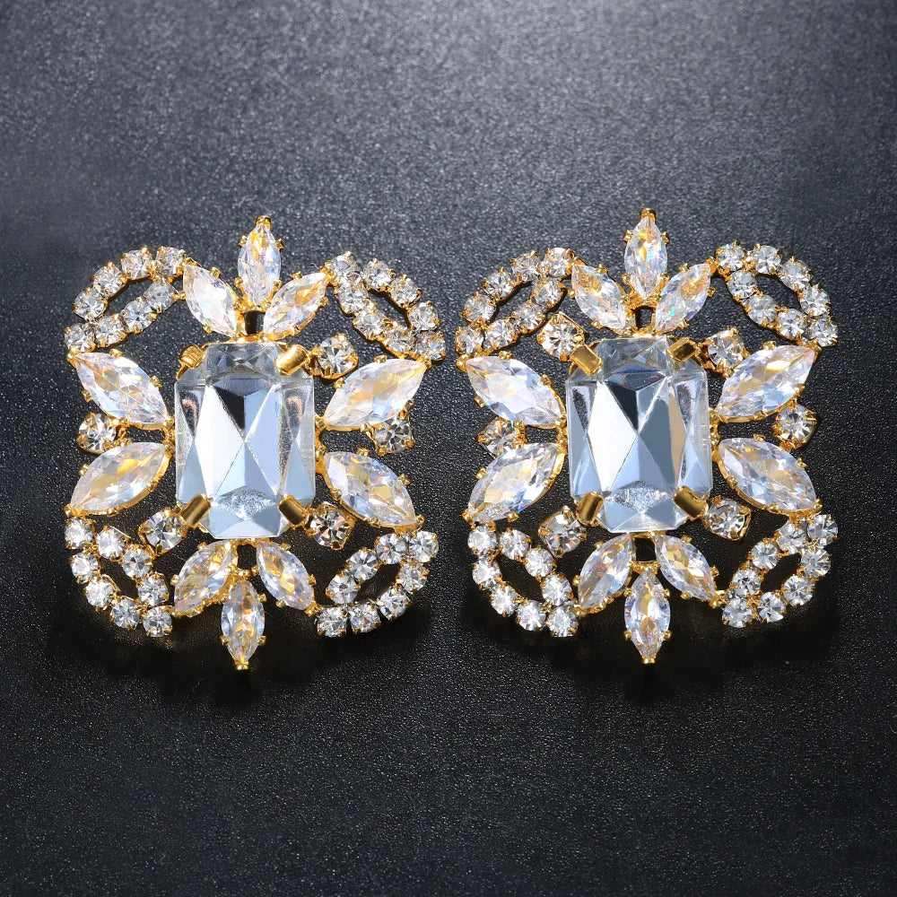 Stonefans New Square Clip Earrings No Hole Wedding Jewelry Women Large Clear Crystal Rhinestone Clip on Earrings Ear Women