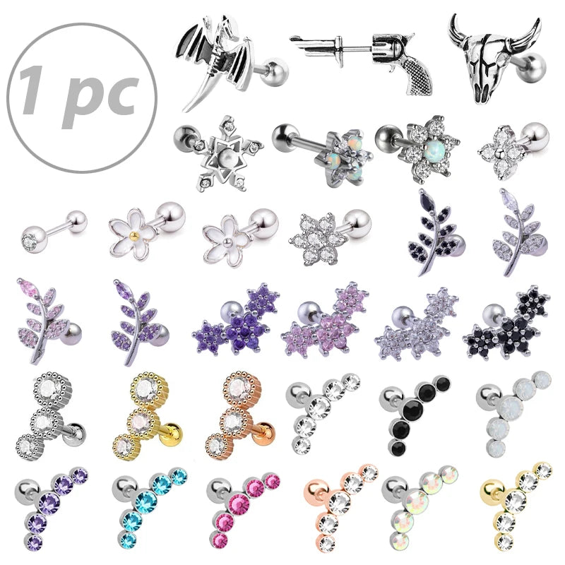 1PC Crystal CZ Helix Earrings Studs Ear Piercing 316L Surgical Steel Cartilage Earring 16G Tragus Conch Piercings for Women Punk