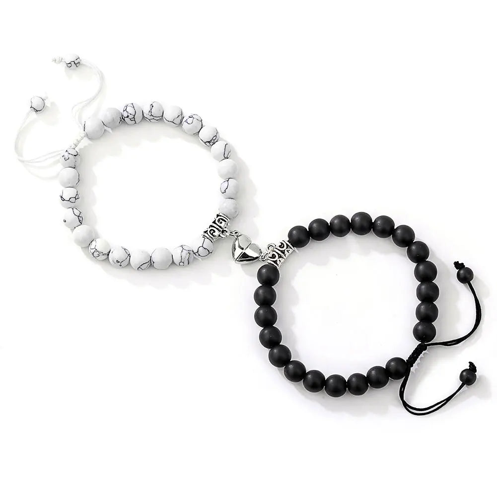 2Pcs/Set Couple Bracelets Natural Stone Beads Heart Shaped Distance Magnet Attraction Bracelet for Lovers Jewelry Gifts 2024 New