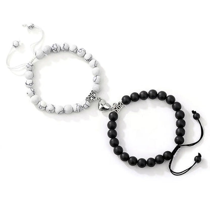 2Pcs/Set Couple Bracelets Natural Stone Beads Heart Shaped Distance Magnet Attraction Bracelet for Lovers Jewelry Gifts 2024 New
