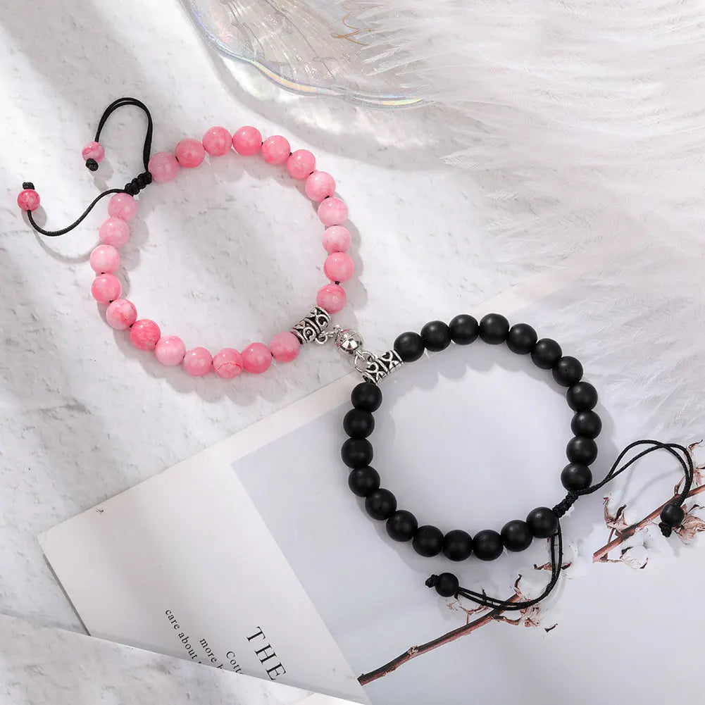 2Pcs/Set Couple Bracelets Natural Stone Beads Heart Shaped Distance Magnet Attraction Bracelet for Lovers Jewelry Gifts 2024 New