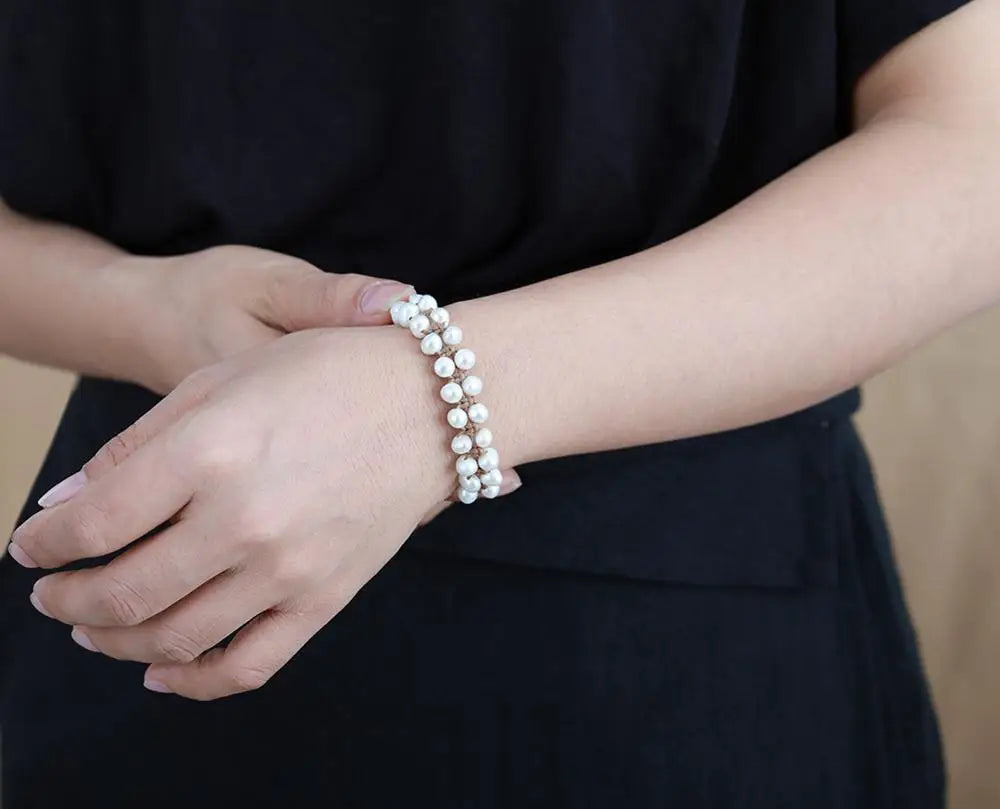 Classic Pearl Bracelet Handmade Bohemia Freshwater Pearls String Knotted Bracelet Birthday Holiday Gift Pearl Jewelry