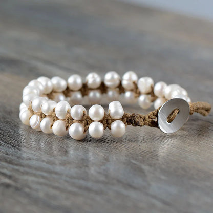 Classic Pearl Bracelet Handmade Bohemia Freshwater Pearls String Knotted Bracelet Birthday Holiday Gift Pearl Jewelry