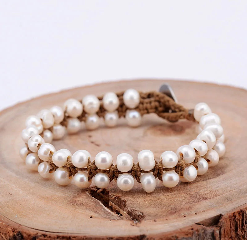 Classic Pearl Bracelet Handmade Bohemia Freshwater Pearls String Knotted Bracelet Birthday Holiday Gift Pearl Jewelry