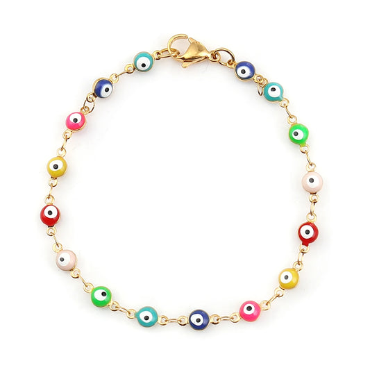 1PC 18.7-19.5Cm Hot 304 Stainless Steel Bracelets for Men Women Jewelry Gold Color Link Chain Multicolor Evil Eye Enamel Anklet