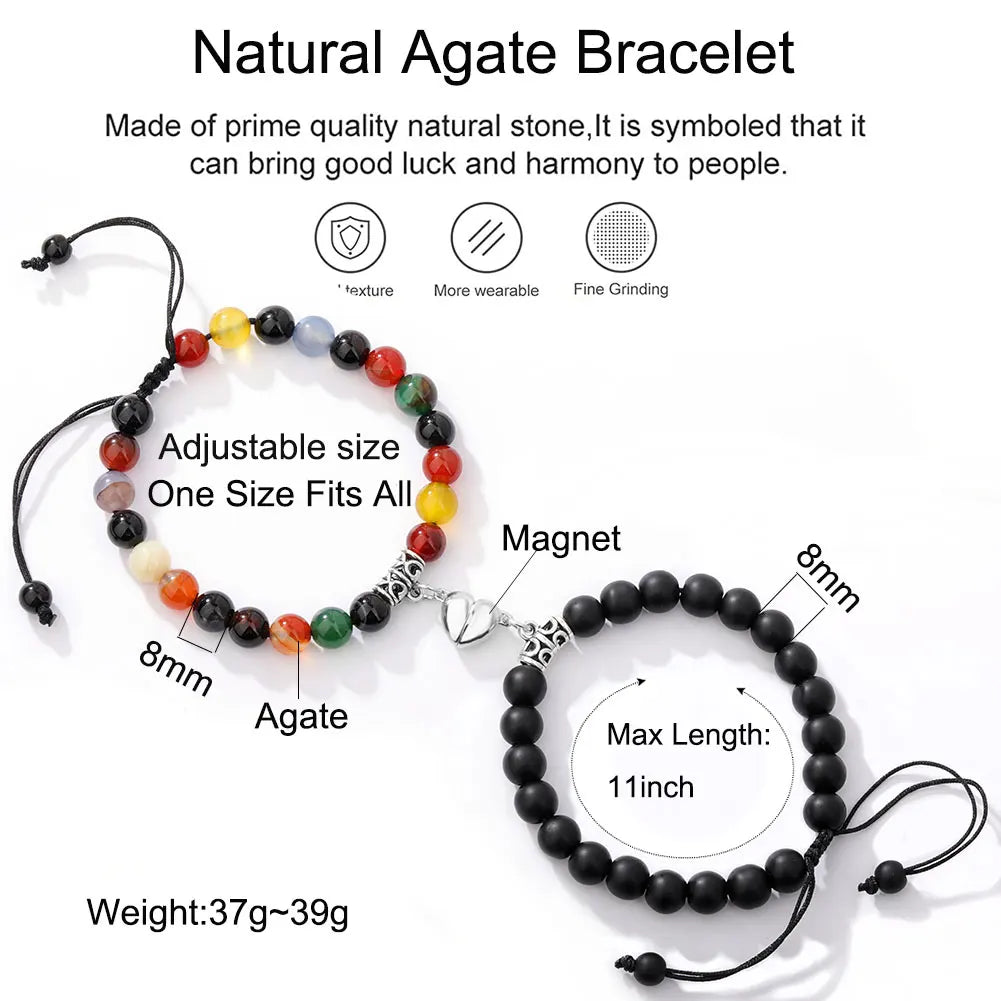 2Pcs/Set Couple Bracelets Natural Stone Beads Heart Shaped Distance Magnet Attraction Bracelet for Lovers Jewelry Gifts 2024 New