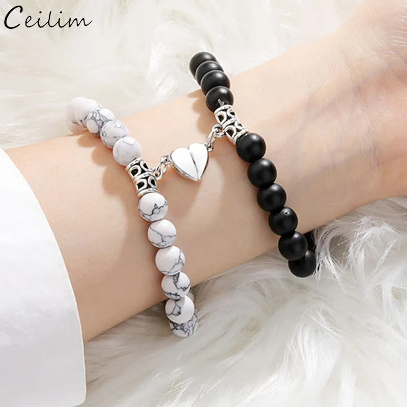 2Pcs/Set Couple Bracelets Natural Stone Beads Heart Shaped Distance Magnet Attraction Bracelet for Lovers Jewelry Gifts 2024 New