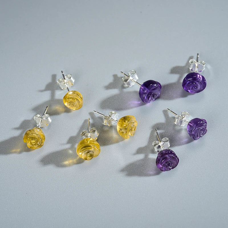 Romantic Natural Quartz Amethyst Rose Flower Stud Earrings Real 925 Sterling Silver Fine Jewelry Earrings for Women
