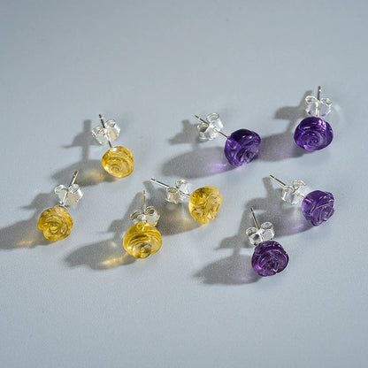 Romantic Natural Quartz Amethyst Rose Flower Stud Earrings Real 925 Sterling Silver Fine Jewelry Earrings for Women