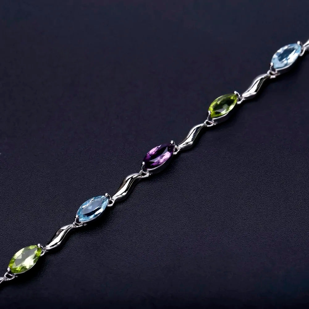 Sky Blue Topaz Peridot Amethyst Mix Gemstone Bracelets&Bangles Pure 925 Sterling Silver Fashion Jewelry for Women