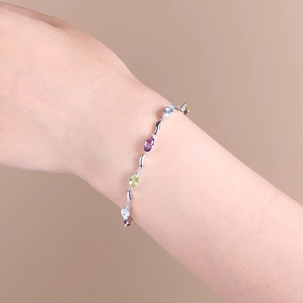 Sky Blue Topaz Peridot Amethyst Mix Gemstone Bracelets&Bangles Pure 925 Sterling Silver Fashion Jewelry for Women