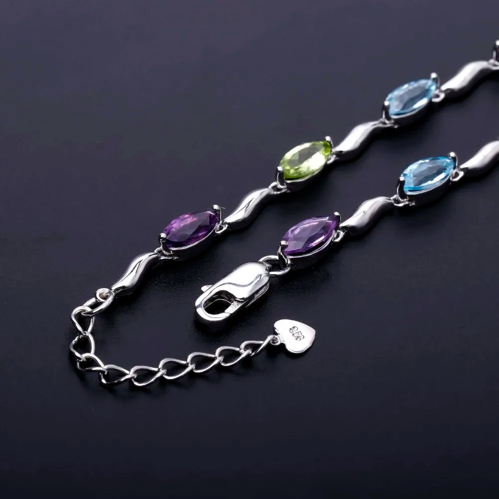 Sky Blue Topaz Peridot Amethyst Mix Gemstone Bracelets&Bangles Pure 925 Sterling Silver Fashion Jewelry for Women