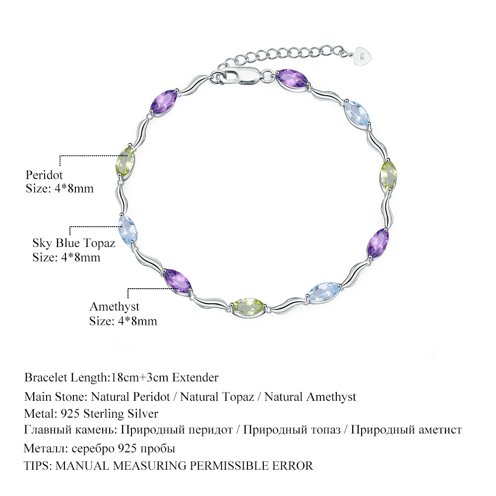 Sky Blue Topaz Peridot Amethyst Mix Gemstone Bracelets&Bangles Pure 925 Sterling Silver Fashion Jewelry for Women