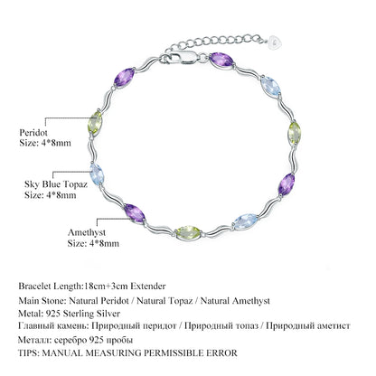Sky Blue Topaz Peridot Amethyst Mix Gemstone Bracelets&Bangles Pure 925 Sterling Silver Fashion Jewelry for Women