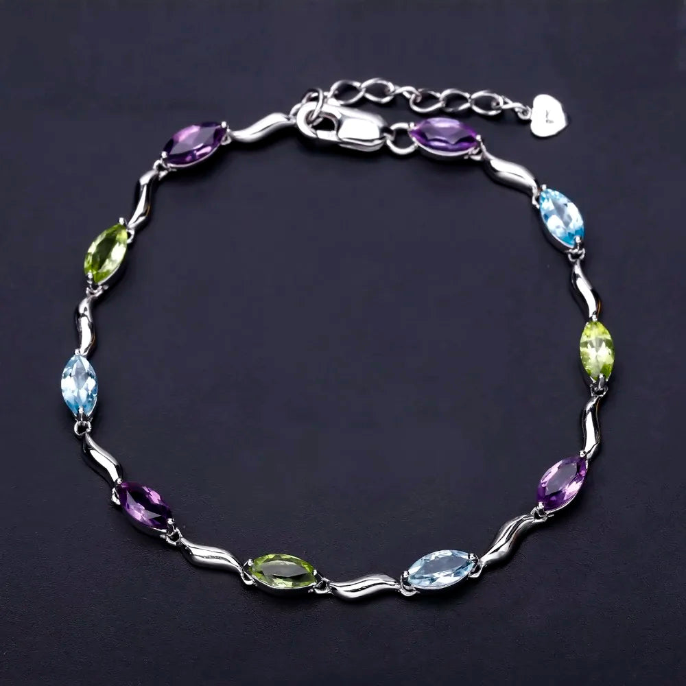Sky Blue Topaz Peridot Amethyst Mix Gemstone Bracelets&Bangles Pure 925 Sterling Silver Fashion Jewelry for Women