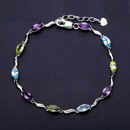 Sky Blue Topaz Peridot Amethyst Mix Gemstone Bracelets&Bangles Pure 925 Sterling Silver Fashion Jewelry for Women