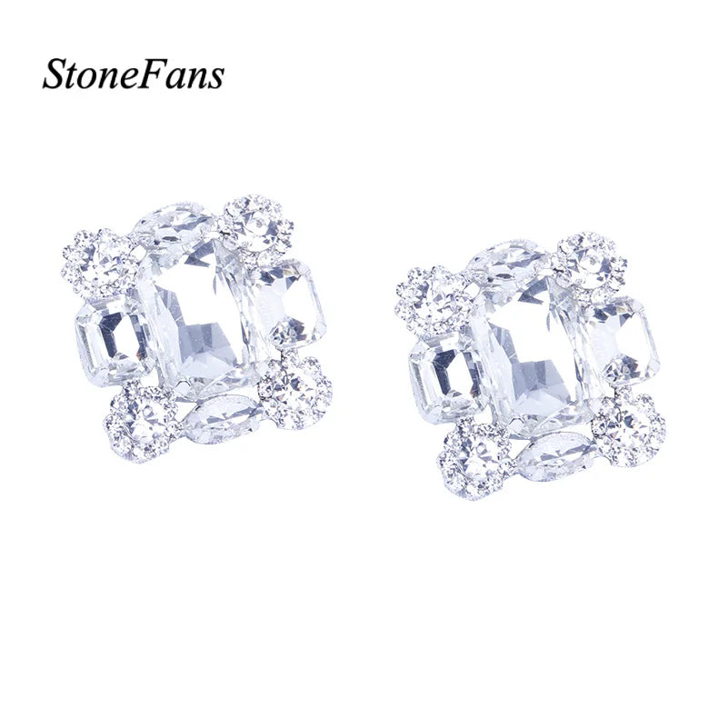Stonefans New Square Clip Earrings No Hole Wedding Jewelry Women Large Clear Crystal Rhinestone Clip on Earrings Ear Women