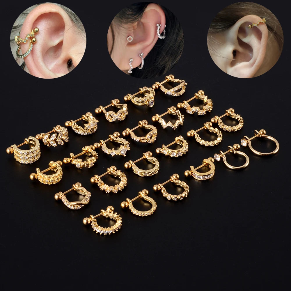 1Pcs Surgical Steel Barbell with CZ Hoop Ear Tragus Cartilage Helix Earrings Ear Studs Ear Cuff Rook Woman Lobe Piercing Jewelry