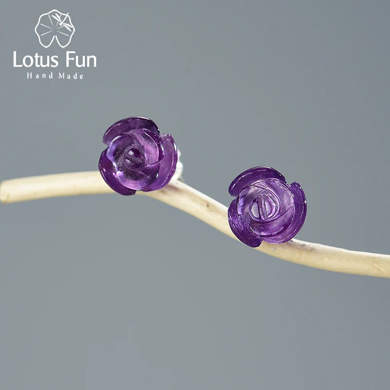 Romantic Natural Quartz Amethyst Rose Flower Stud Earrings Real 925 Sterling Silver Fine Jewelry Earrings for Women