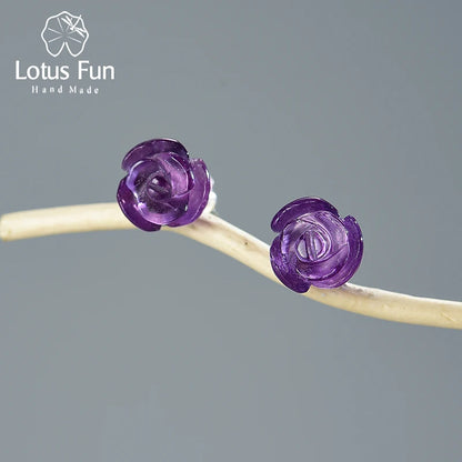 Romantic Natural Quartz Amethyst Rose Flower Stud Earrings Real 925 Sterling Silver Fine Jewelry Earrings for Women