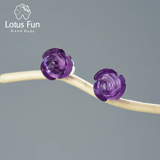 Romantic Natural Quartz Amethyst Rose Flower Stud Earrings Real 925 Sterling Silver Fine Jewelry Earrings for Women