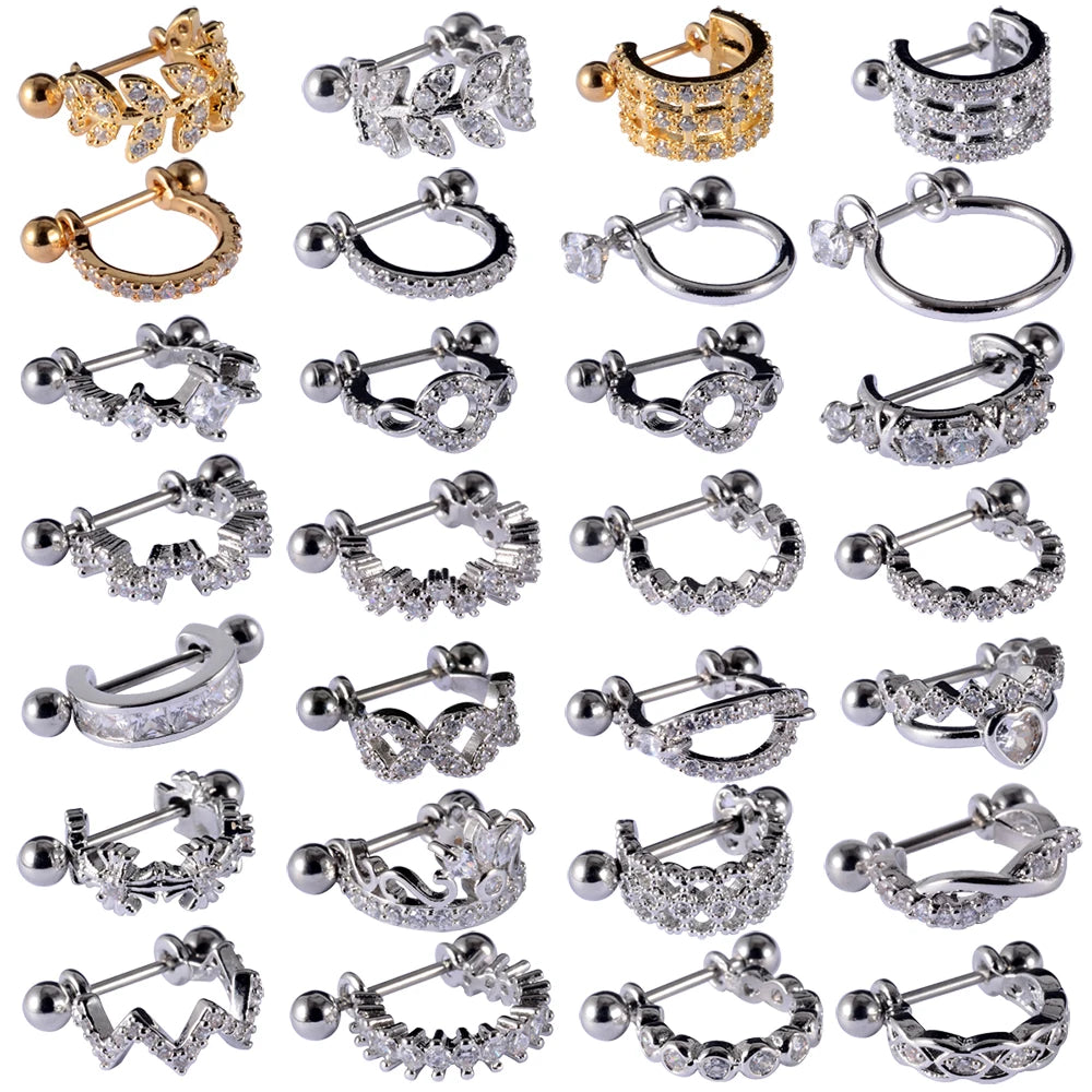 1Pcs Surgical Steel Barbell with CZ Hoop Ear Tragus Cartilage Helix Earrings Ear Studs Ear Cuff Rook Woman Lobe Piercing Jewelry