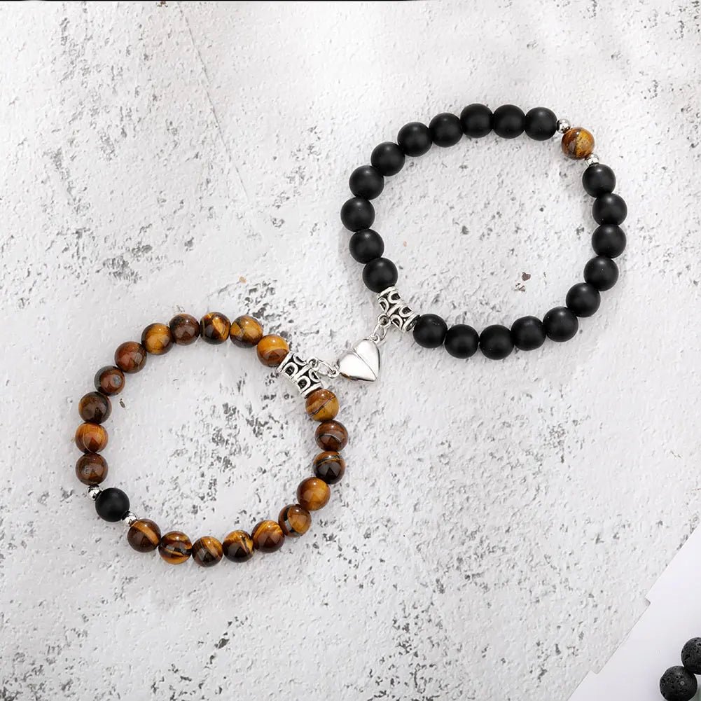 2Pcs/Set Couple Bracelets Natural Stone Beads Heart Shaped Distance Magnet Attraction Bracelet for Lovers Jewelry Gifts 2024 New