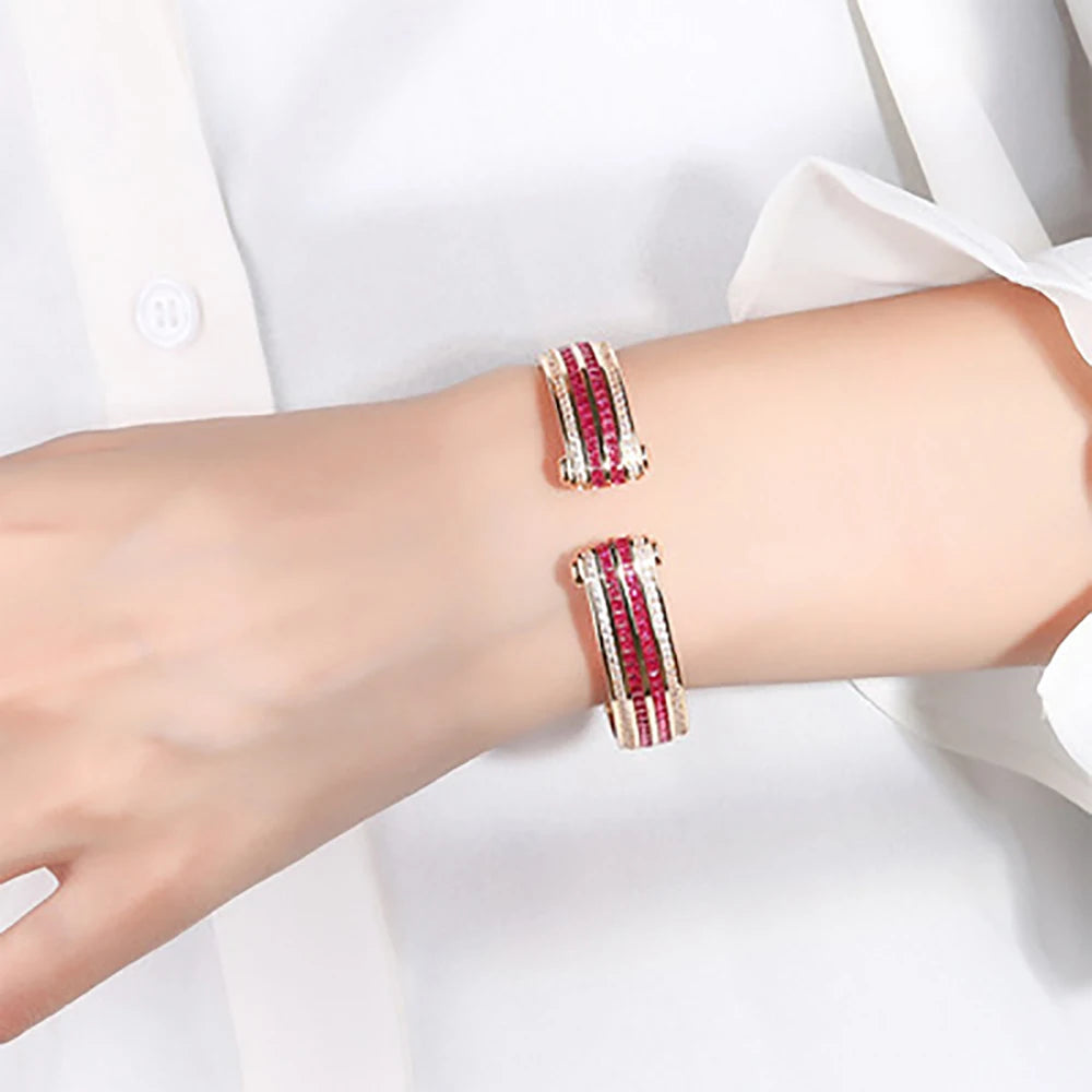 Luxury Wedding Bangles for Women Vintage Sapphire Emerald Ruby Gold Color Cuff Bracelets Party Fine Jewelry Birthday Female Gift