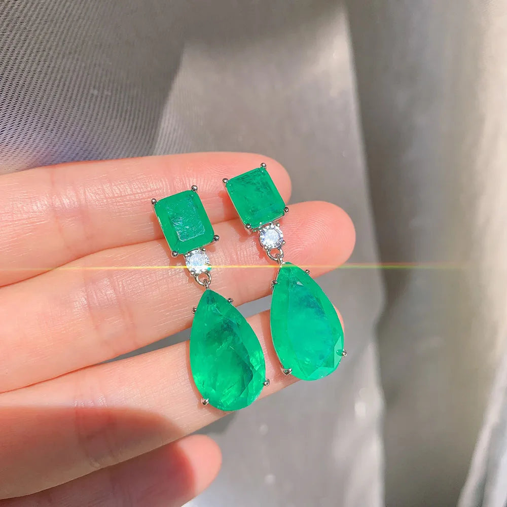 2021 Trend Paraiba Tourmaline Emerald Gemstone Big Drop Earrings for Women Cocktail Party Fine Jewelry Anniversary Female Gift