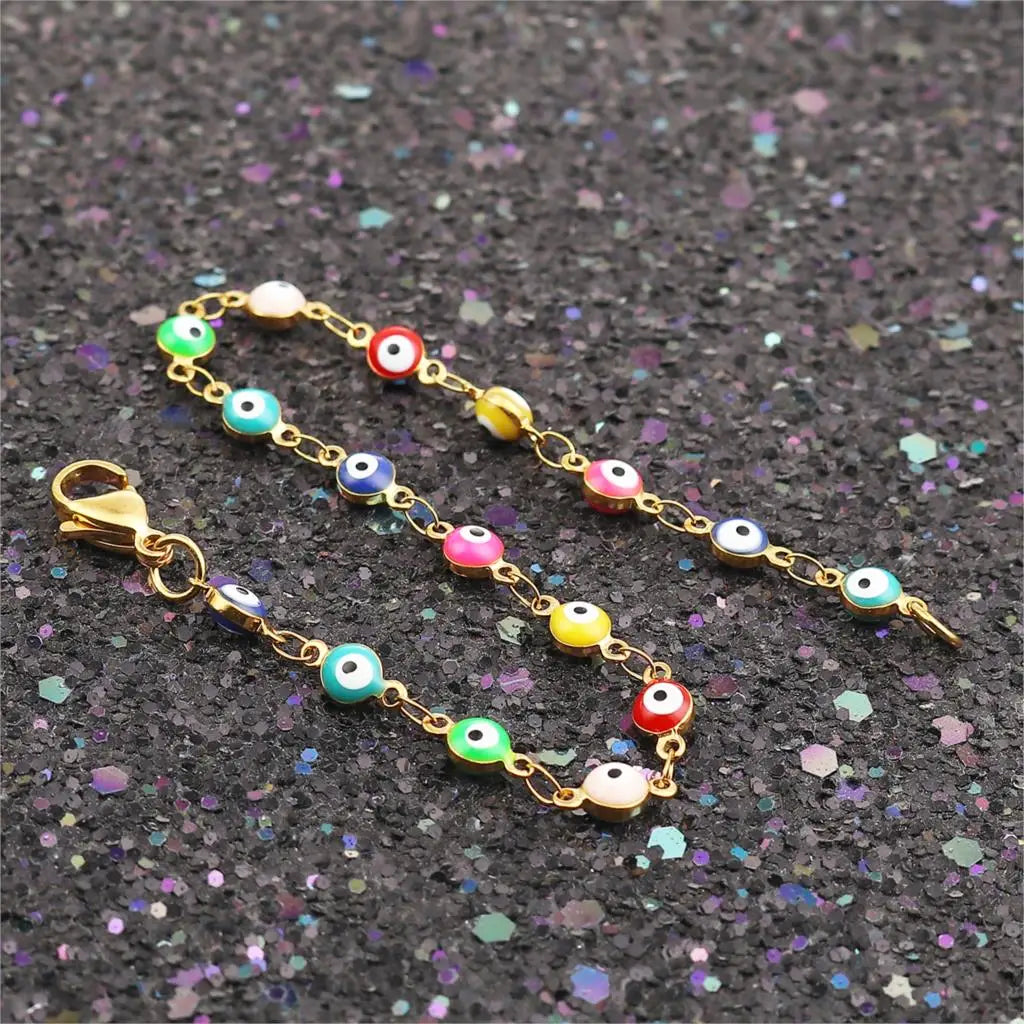 1PC 18.7-19.5Cm Hot 304 Stainless Steel Bracelets for Men Women Jewelry Gold Color Link Chain Multicolor Evil Eye Enamel Anklet